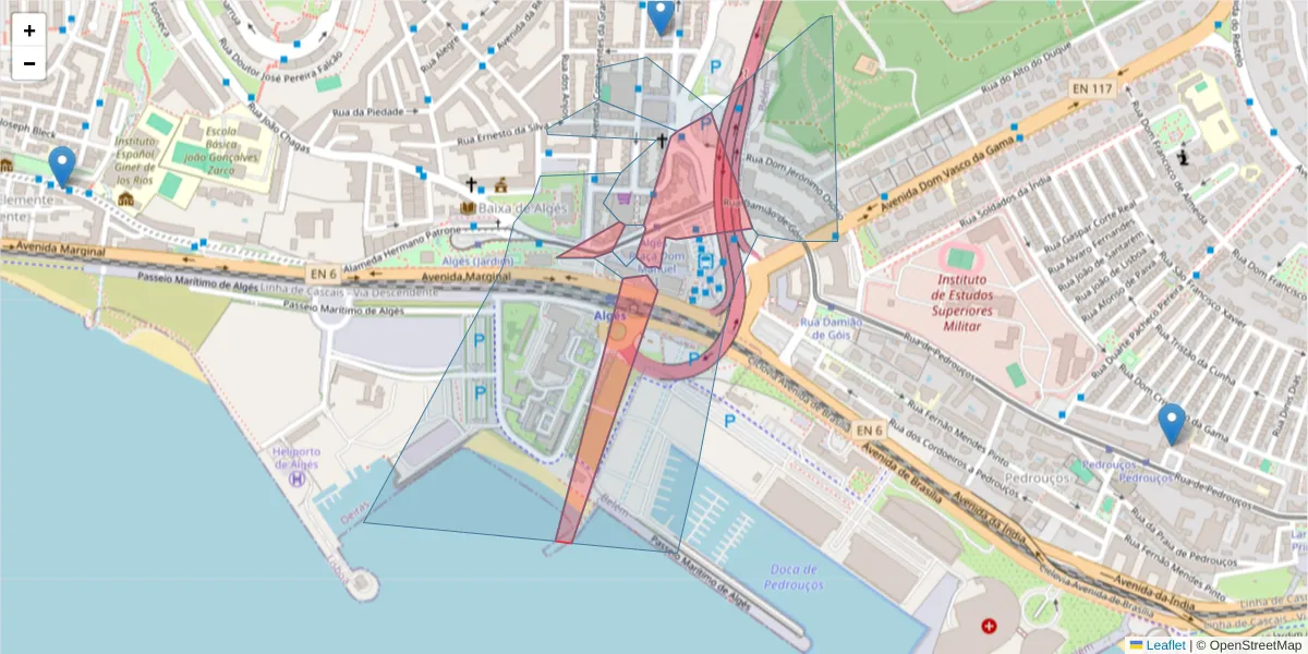 Mapa detalhado do código postal 1495-043 com limites, códigos postais vizinhos e agências dos correios