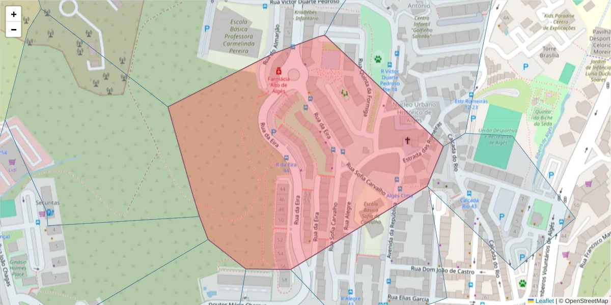Mapa detalhado do código postal 1495-050 com limites, códigos postais vizinhos e agências dos correios