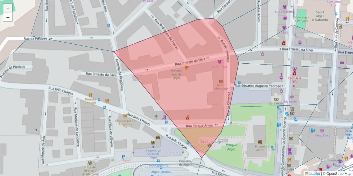 Mapa detalhado do código postal 1495-057 com limites, códigos postais vizinhos e agências dos correios