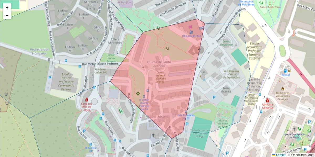 Mapa detalhado do código postal 1495-063 com limites, códigos postais vizinhos e agências dos correios