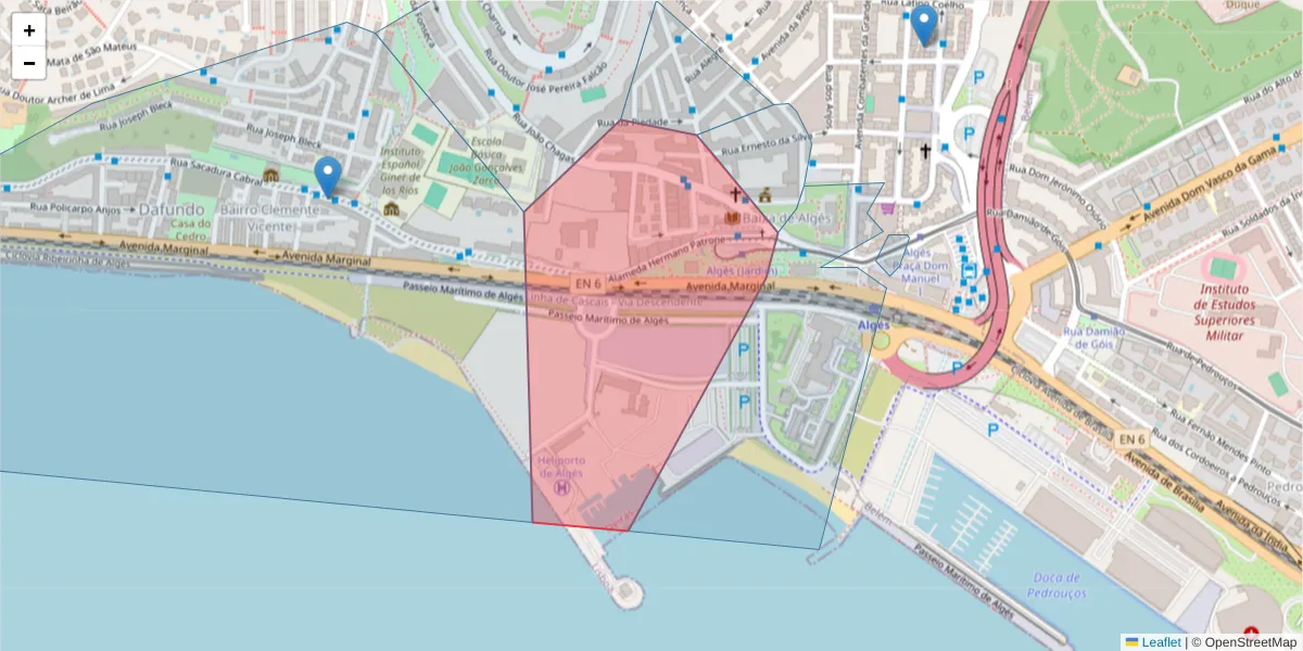 Mapa detalhado do código postal 1495-100 com limites, códigos postais vizinhos e agências dos correios