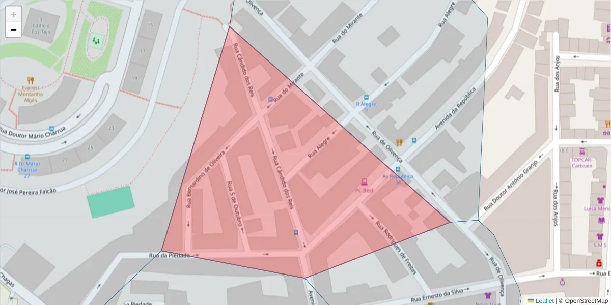 Mapa detalhado do código postal 1495-110 com limites, códigos postais vizinhos e agências dos correios