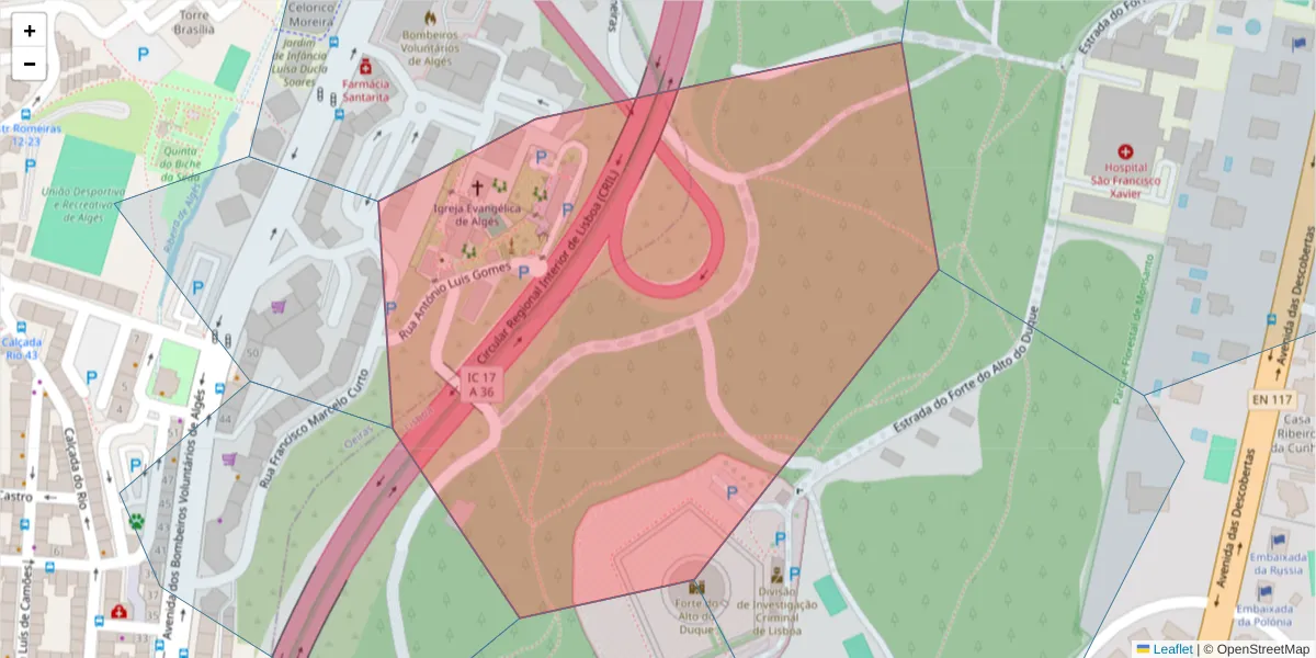 Mapa detalhado do código postal 1495-120 com limites, códigos postais vizinhos e agências dos correios