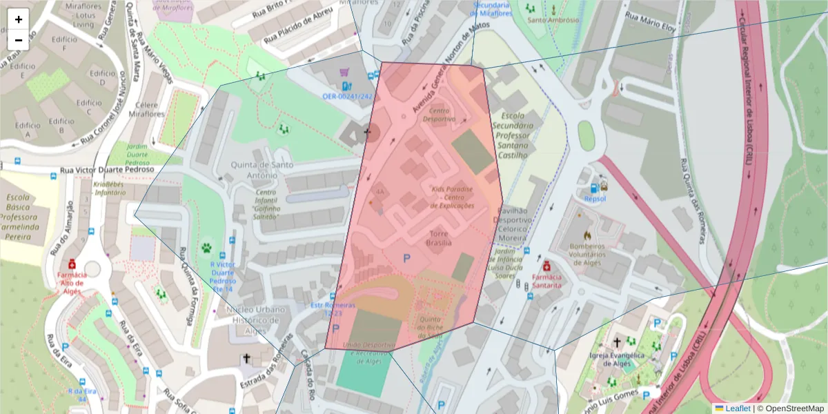 Mapa detalhado do código postal 1495-144 com limites, códigos postais vizinhos e agências dos correios