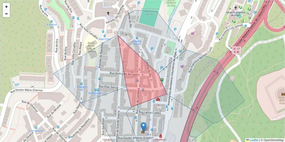 Mapa detalhado do código postal 1495-205 com limites, códigos postais vizinhos e agências dos correios