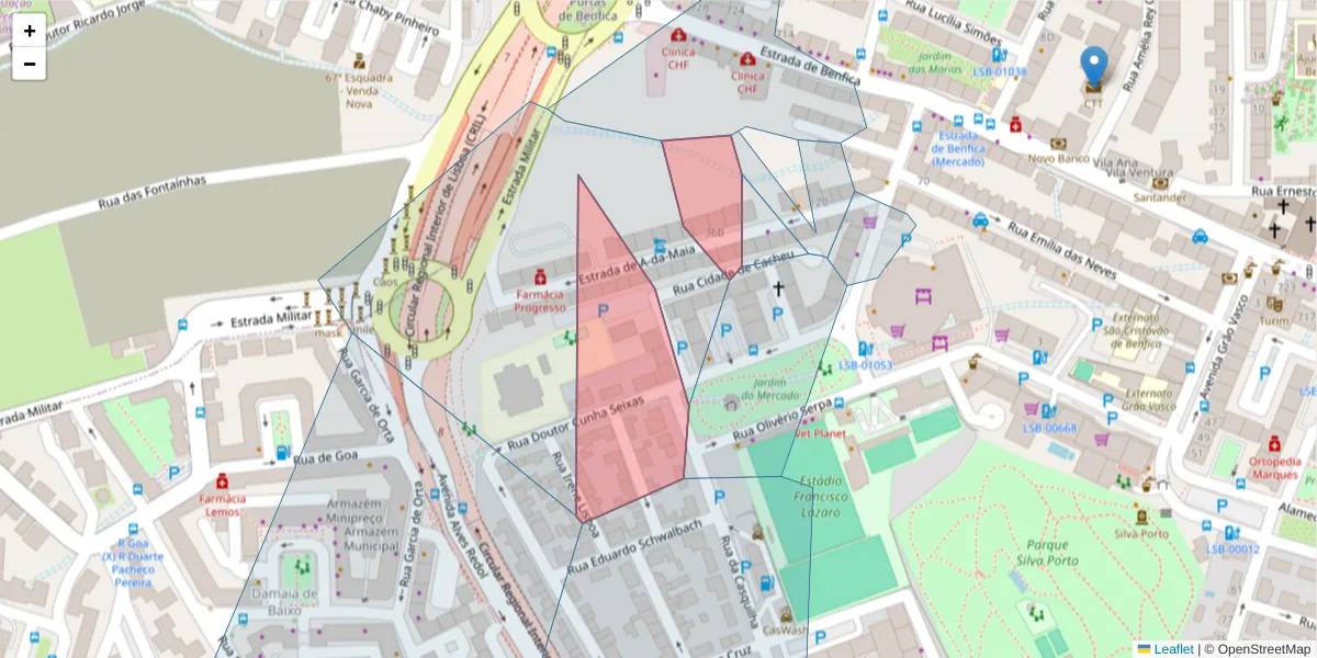Mapa detalhado do código postal 1500-002 com limites, códigos postais vizinhos e agências dos correios