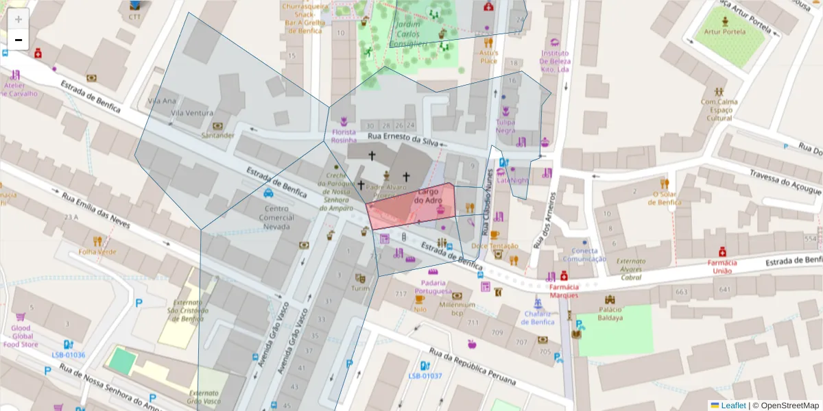 Mapa detalhado do código postal 1500-026 com limites, códigos postais vizinhos e agências dos correios
