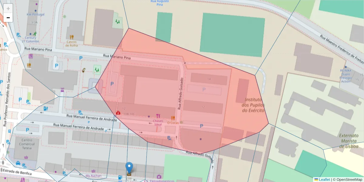 Mapa detalhado do código postal 1500-030 com limites, códigos postais vizinhos e agências dos correios