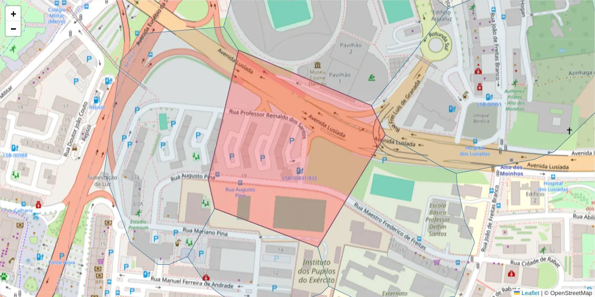 Mapa detalhado do código postal 1500-065 com limites, códigos postais vizinhos e agências dos correios