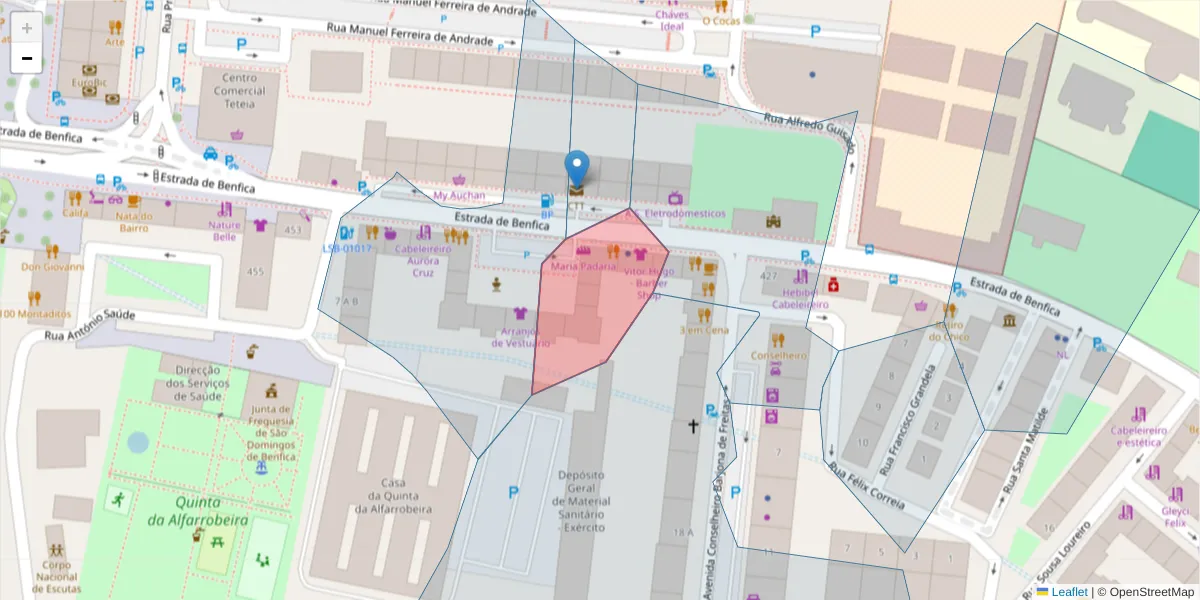 Mapa detalhado do código postal 1500-079 com limites, códigos postais vizinhos e agências dos correios