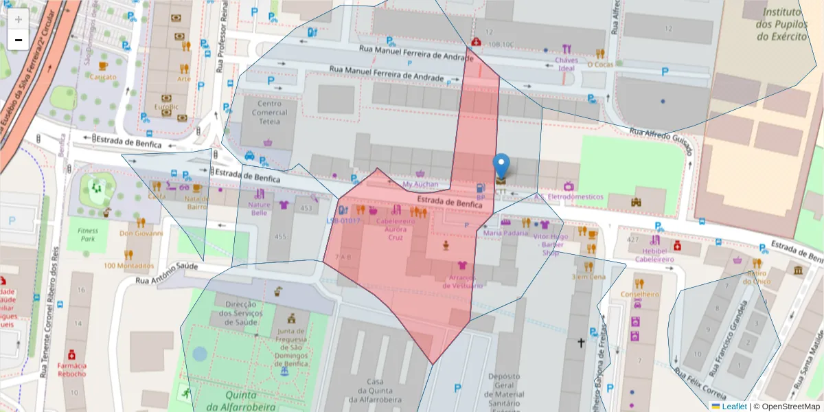Mapa detalhado do código postal 1500-080 com limites, códigos postais vizinhos e agências dos correios