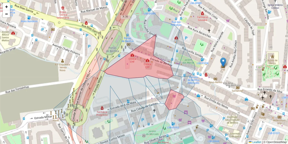Mapa detalhado do código postal 1500-090 com limites, códigos postais vizinhos e agências dos correios
