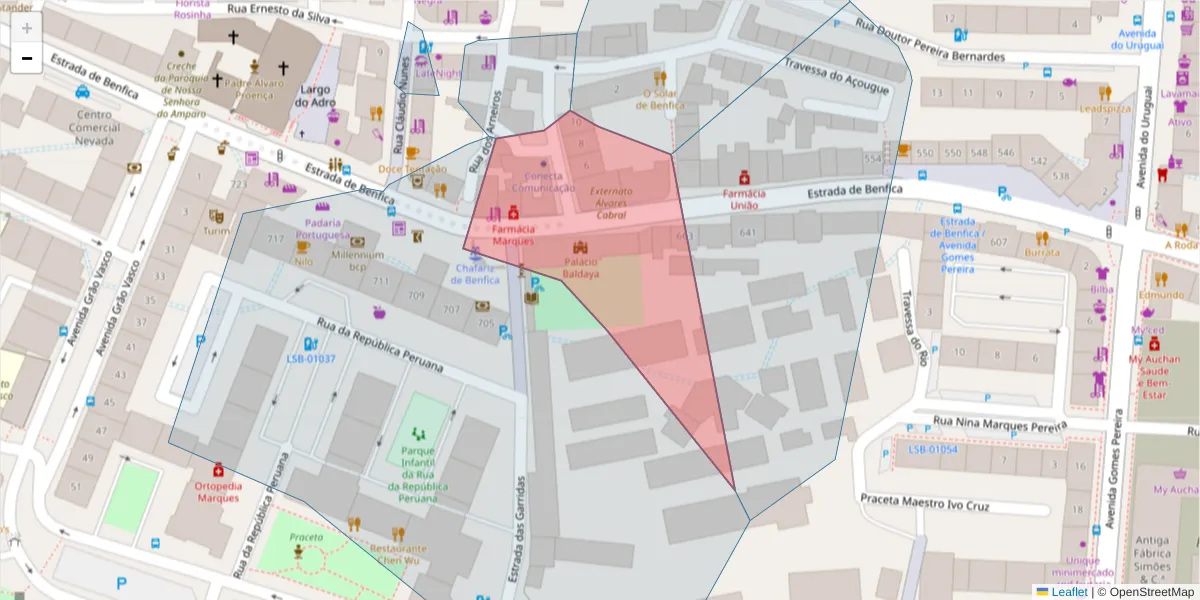 Mapa detalhado do código postal 1500-108 com limites, códigos postais vizinhos e agências dos correios