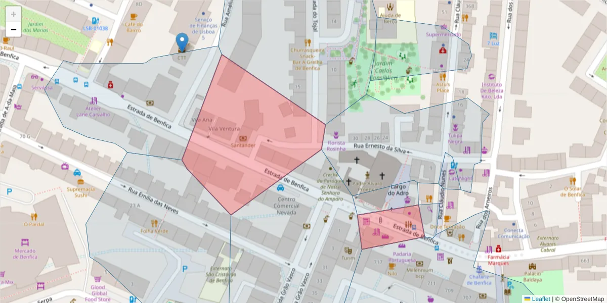 Mapa detalhado do código postal 1500-109 com limites, códigos postais vizinhos e agências dos correios