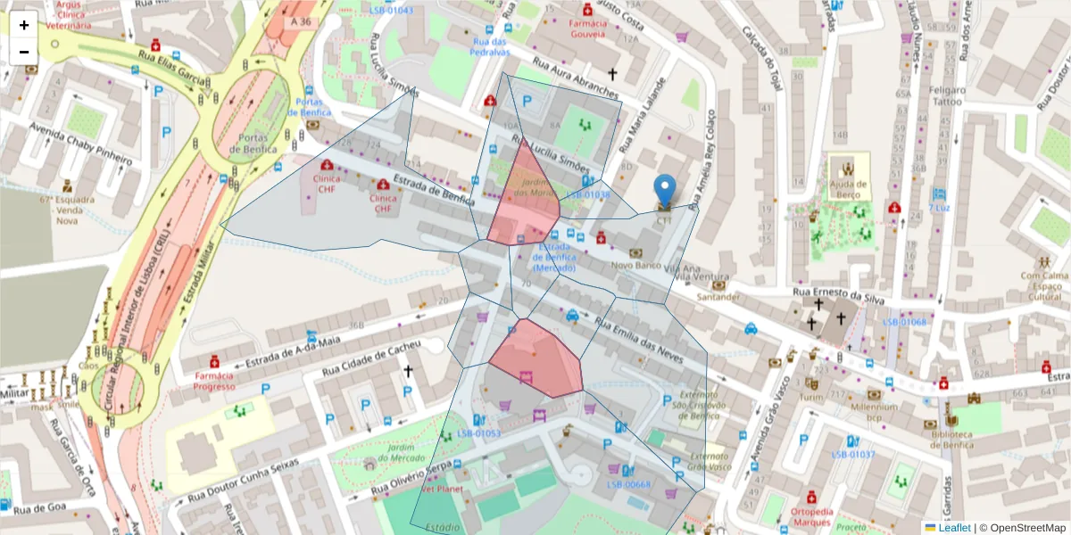 Mapa detalhado do código postal 1500-111 com limites, códigos postais vizinhos e agências dos correios