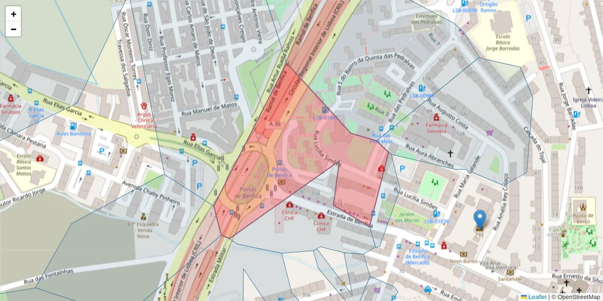 Mapa detalhado do código postal 1500-112 com limites, códigos postais vizinhos e agências dos correios