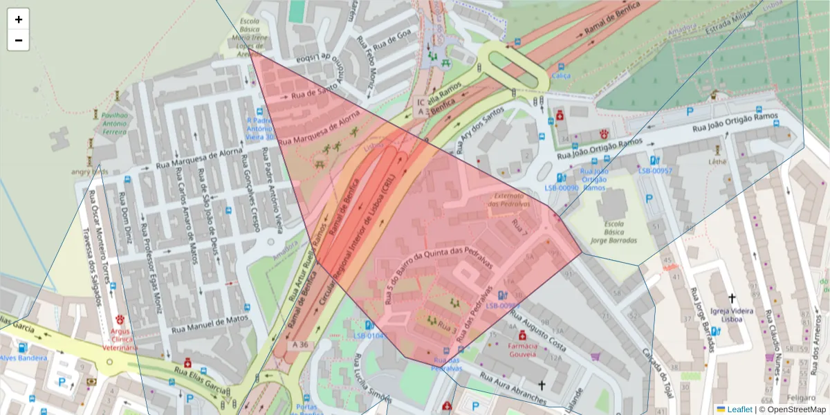 Mapa detalhado do código postal 1500-169 com limites, códigos postais vizinhos e agências dos correios