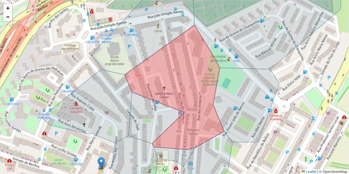 Mapa detalhado do código postal 1500-175 com limites, códigos postais vizinhos e agências dos correios