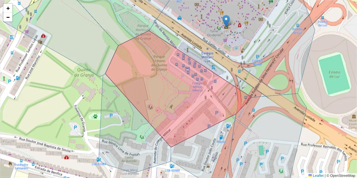 Mapa detalhado do código postal 1500-179 com limites, códigos postais vizinhos e agências dos correios