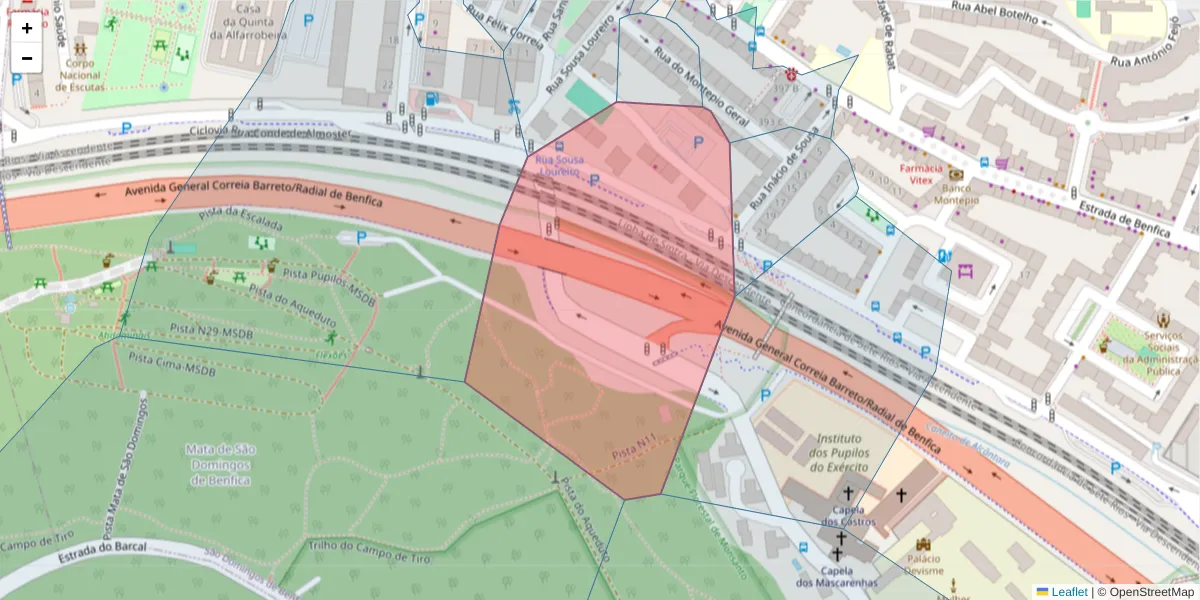 Mapa detalhado do código postal 1500-197 com limites, códigos postais vizinhos e agências dos correios