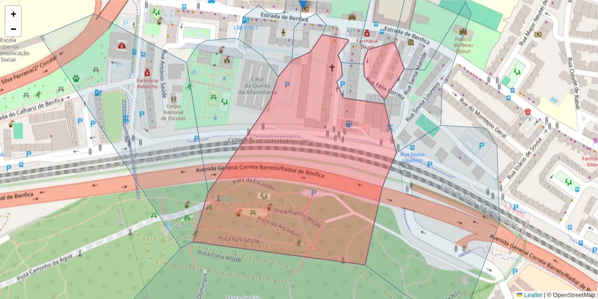 Mapa detalhado do código postal 1500-204 com limites, códigos postais vizinhos e agências dos correios