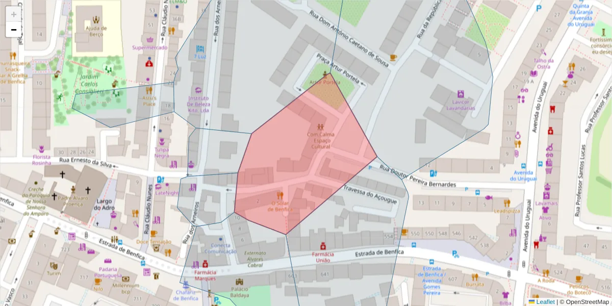 Mapa detalhado do código postal 1500-214 com limites, códigos postais vizinhos e agências dos correios