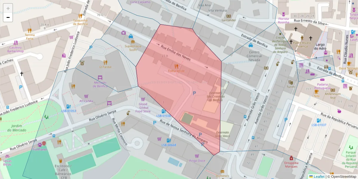 Mapa detalhado do código postal 1500-259 com limites, códigos postais vizinhos e agências dos correios