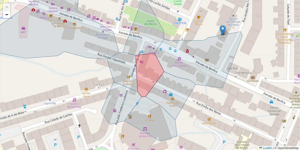 Mapa detalhado do código postal 1500-260 com limites, códigos postais vizinhos e agências dos correios