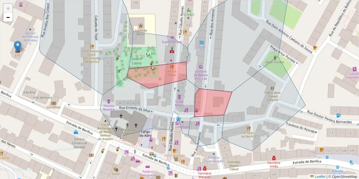 Mapa detalhado do código postal 1500-268 com limites, códigos postais vizinhos e agências dos correios