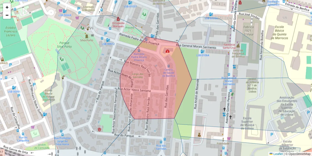 Mapa detalhado do código postal 1500-303 com limites, códigos postais vizinhos e agências dos correios