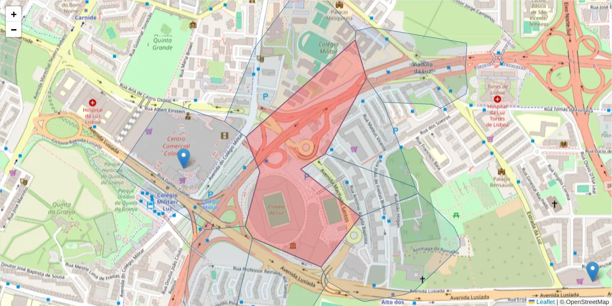 Mapa detalhado do código postal 1500-313 com limites, códigos postais vizinhos e agências dos correios