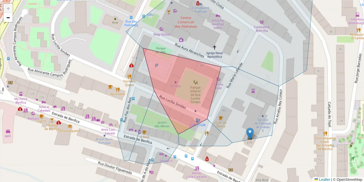 Mapa detalhado do código postal 1500-385 com limites, códigos postais vizinhos e agências dos correios