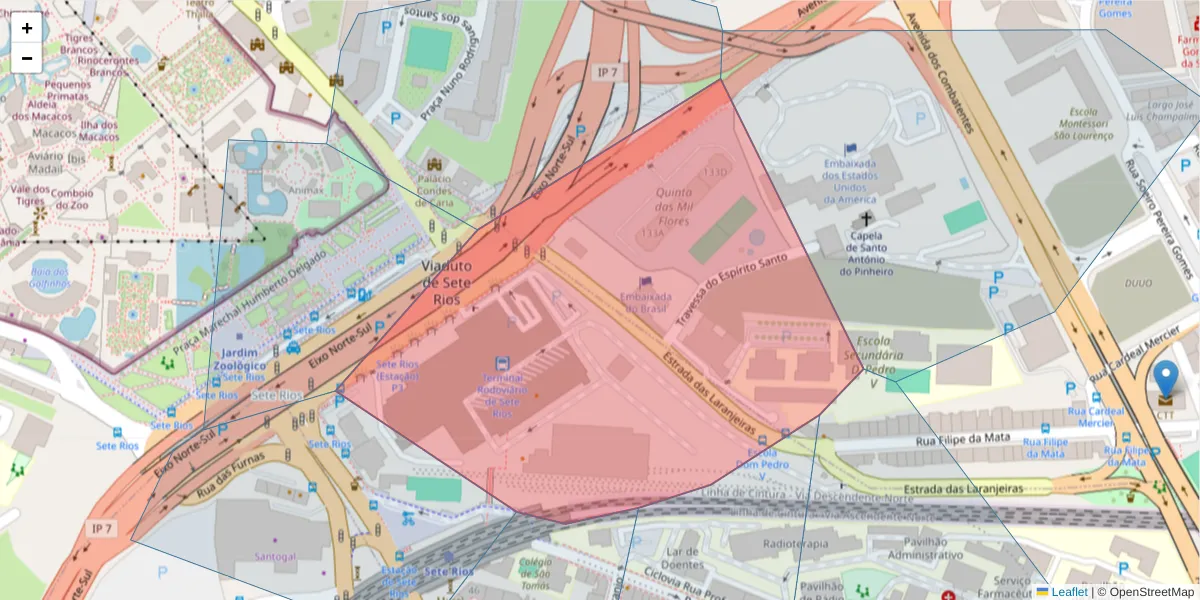 Mapa detalhado do código postal 1500-423 com limites, códigos postais vizinhos e agências dos correios