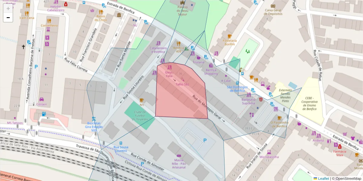 Mapa detalhado do código postal 1500-465 com limites, códigos postais vizinhos e agências dos correios