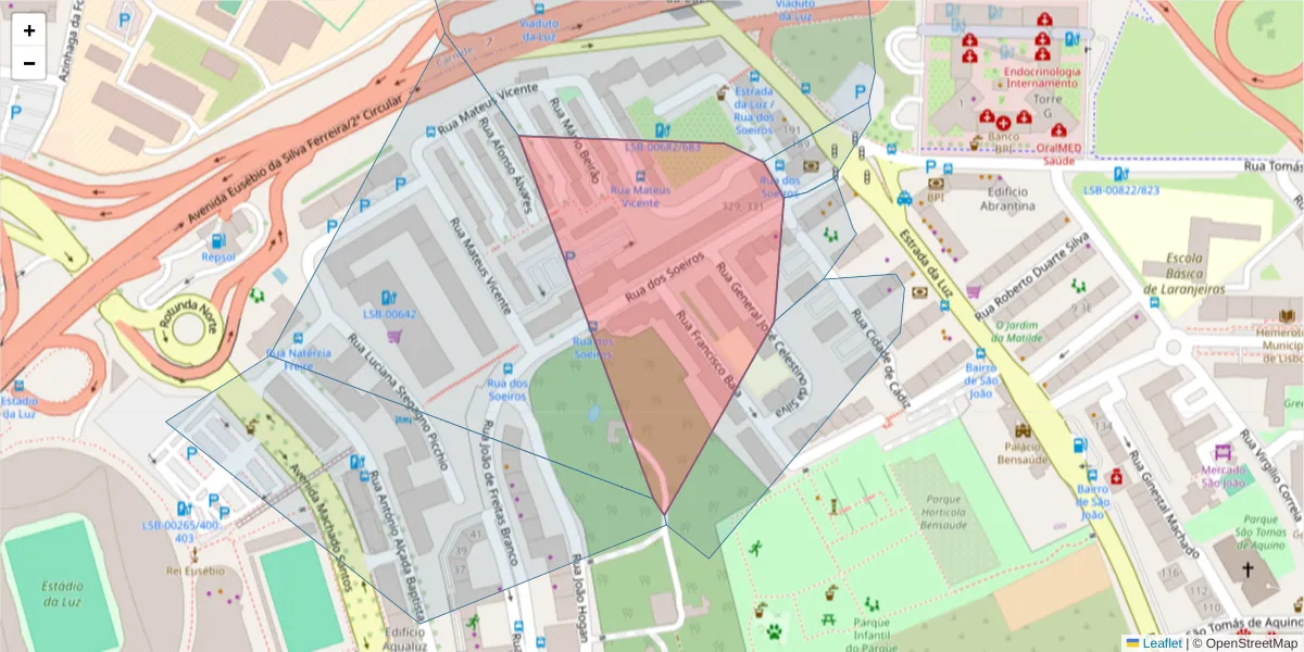 Mapa detalhado do código postal 1500-580 com limites, códigos postais vizinhos e agências dos correios