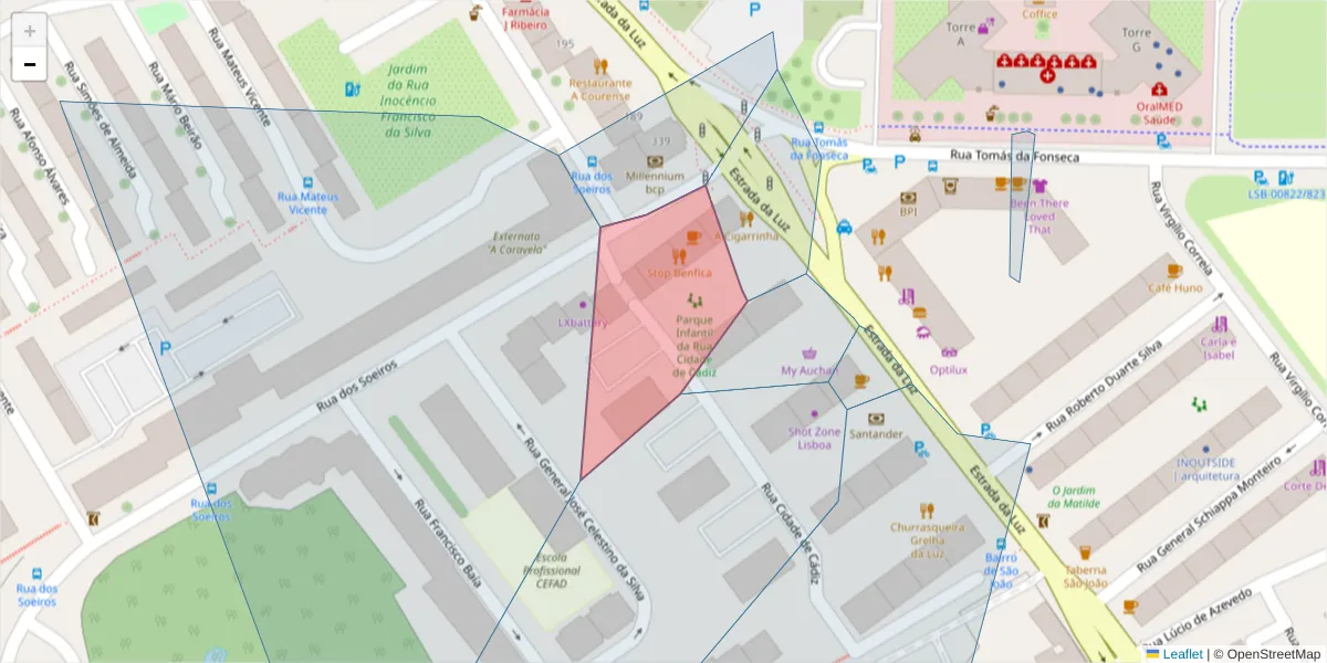 Mapa detalhado do código postal 1500-585 com limites, códigos postais vizinhos e agências dos correios