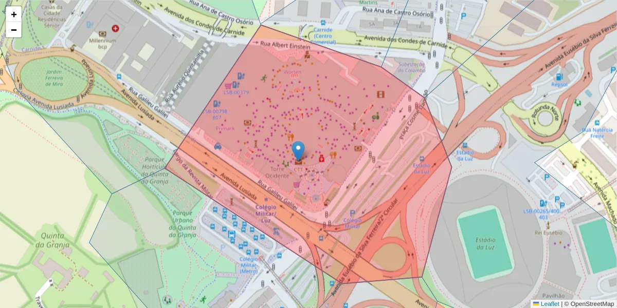 Mapa detalhado do código postal 1500-909 com limites, códigos postais vizinhos e agências dos correios