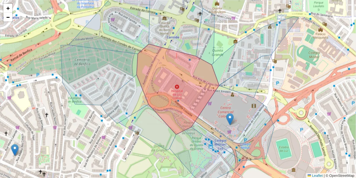 Mapa detalhado do código postal 1500-995 com limites, códigos postais vizinhos e agências dos correios