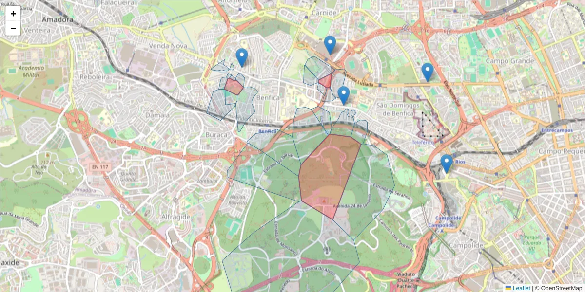 Mapa detalhado do código postal 1500 com limites, códigos postais vizinhos e agências dos correios