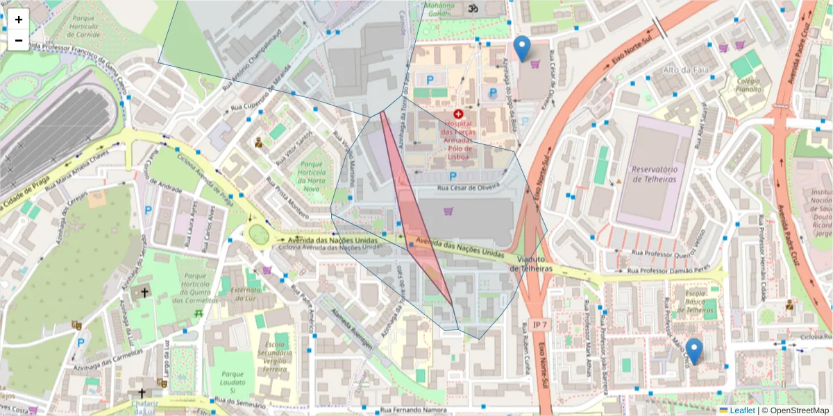 Mapa detalhado do código postal 1600-008 com limites, códigos postais vizinhos e agências dos correios