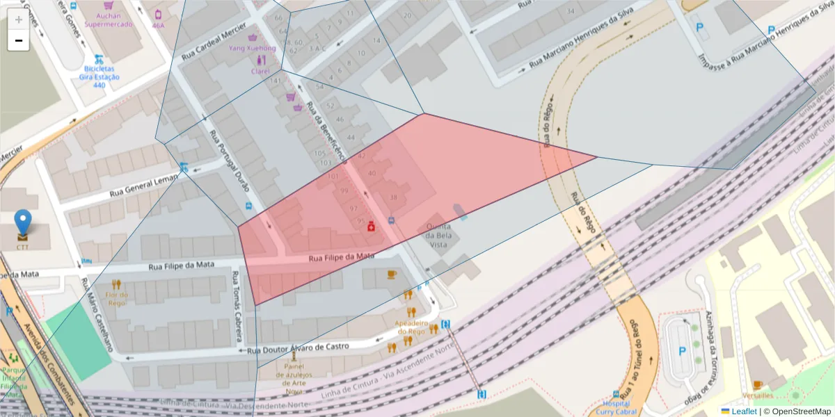 Mapa detalhado do código postal 1600-018 Nossa Senhora de Fátima com limites, códigos postais vizinhos e agências dos correios