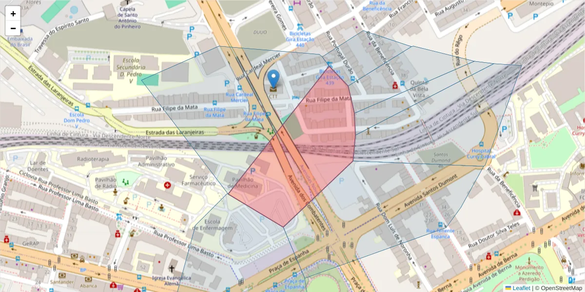 Mapa detalhado do código postal 1600-069 com limites, códigos postais vizinhos e agências dos correios