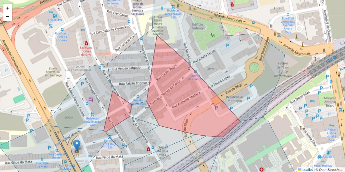 Mapa detalhado do código postal 1600-093 com limites, códigos postais vizinhos e agências dos correios