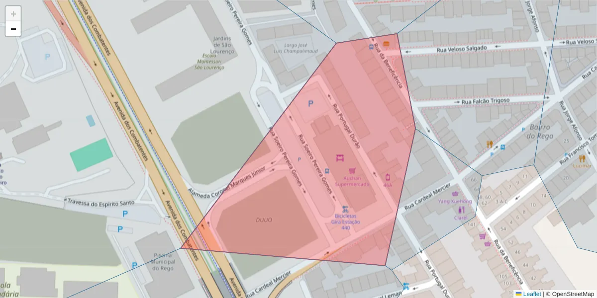 Mapa detalhado do código postal 1600-185 com limites, códigos postais vizinhos e agências dos correios
