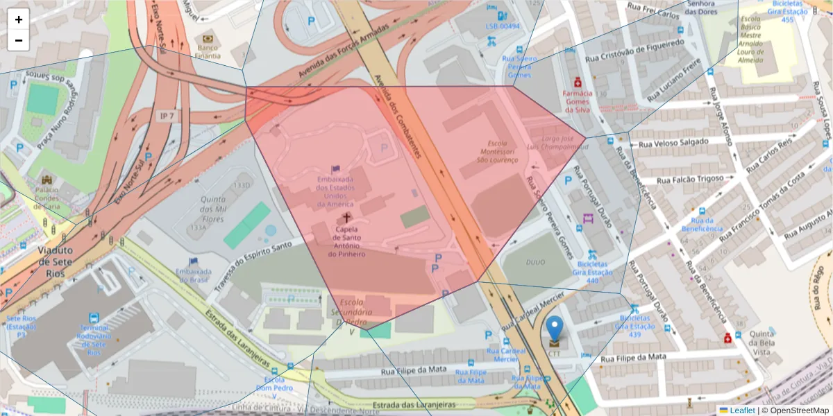Mapa detalhado do código postal 1600-207 com limites, códigos postais vizinhos e agências dos correios