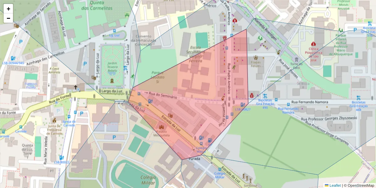 Mapa detalhado do código postal 1600-412 com limites, códigos postais vizinhos e agências dos correios