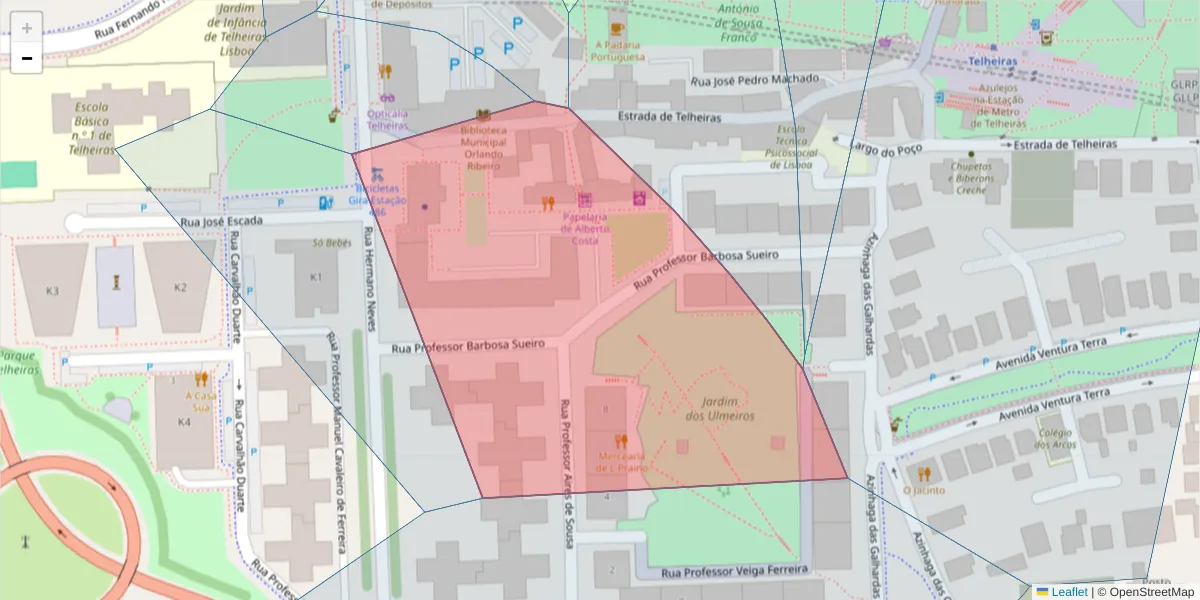 Mapa detalhado do código postal 1600-477 com limites, códigos postais vizinhos e agências dos correios