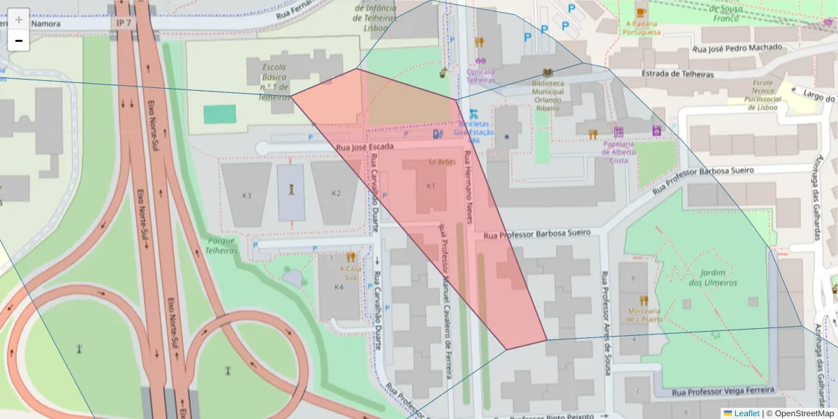 Mapa detalhado do código postal 1600-482 com limites, códigos postais vizinhos e agências dos correios
