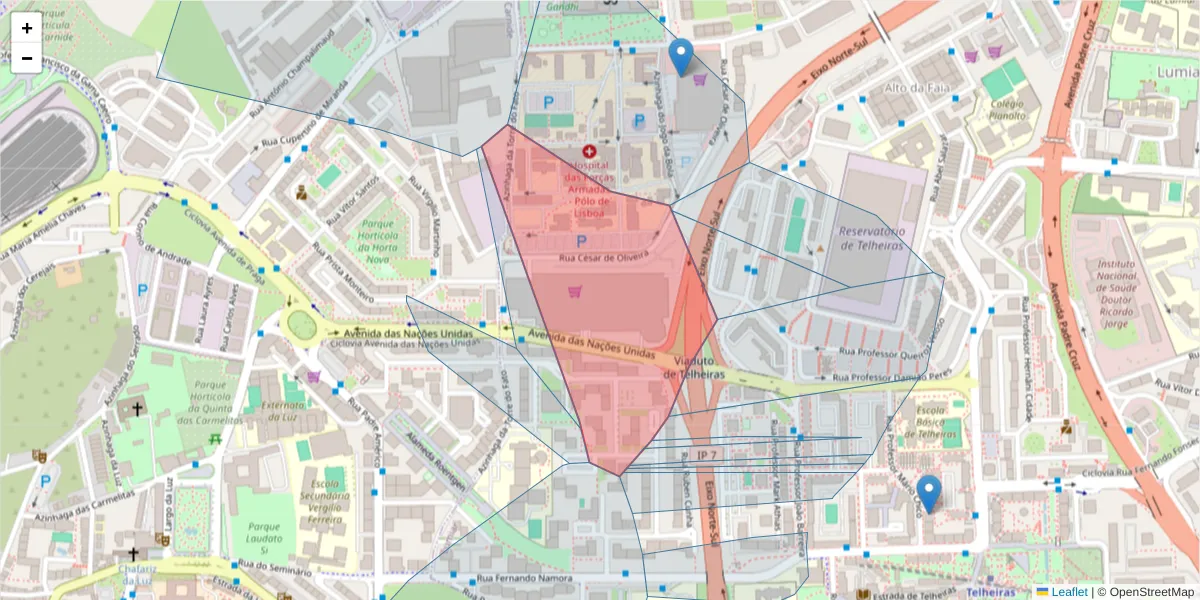 Mapa detalhado do código postal 1600-528 com limites, códigos postais vizinhos e agências dos correios