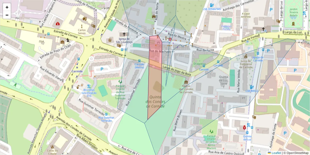 Mapa detalhado do código postal 1600-553 com limites, códigos postais vizinhos e agências dos correios